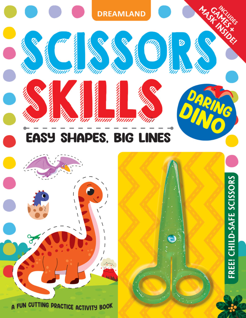 Daring Dino Scissors Skills Activity Book for Kids Age 4 - 7 years | With Child- Safe Scissors, Games and Mask